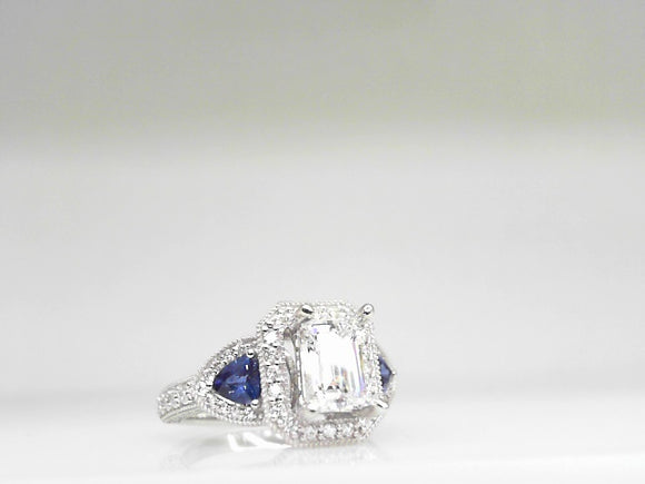 14k White Gold Semi Mount with CZ center, Sapphire 0.67ct and 0.625 Diamond Band