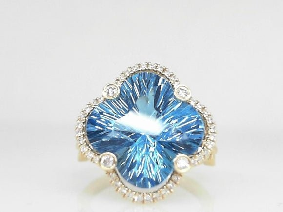 14k Yellow Gold Blue Topaz and Diamond Ring
