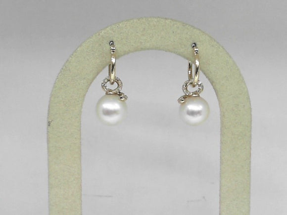 Yellow Gold Pearl and Diamond Dangle Hoops