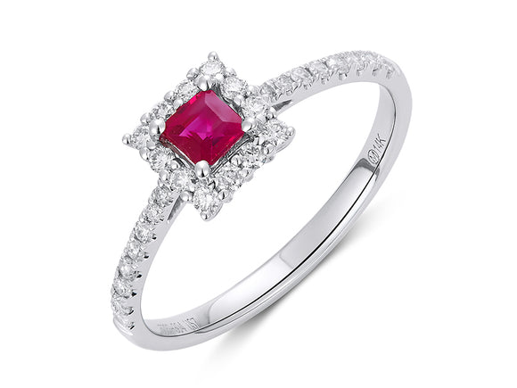 White Gold Princess Cut Ruby Ring with Diamond Halo