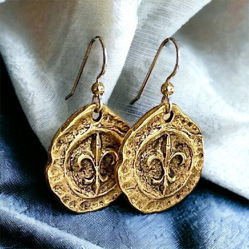 Sterling Silver Gold Plated Pewter Fleur d Lis Dangle Earrings