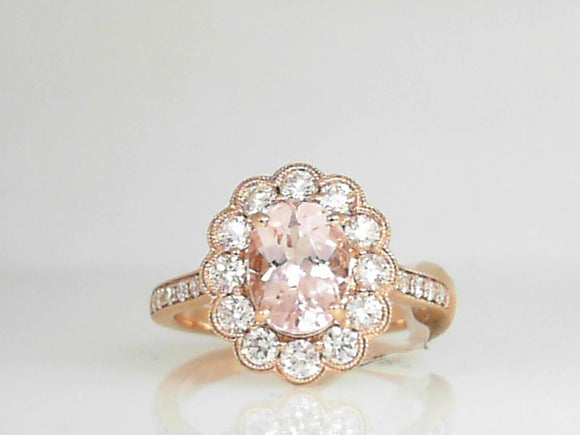 Rose Gold Oval Morganite Ring with Flower Shaped Diamond Halo