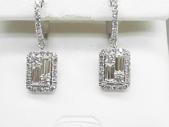 14K White Gold Diamond and Baguette Leverback Earrings