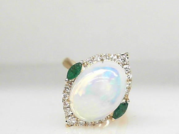 14k Yellow Gold Opal 3.73ct and 0.25ct Emerald Marquise and 0.34ct Diamond Ring