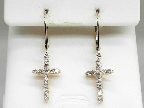 14K Yellow Gold Diamond Cross Leverback Earrings