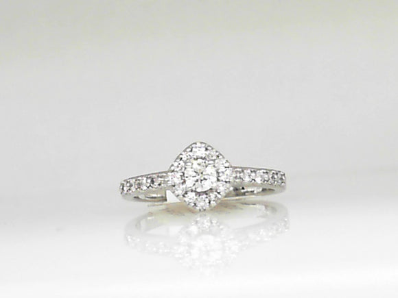 White Gold Round Diamond Engagement Ring with a Diamond Halo and Shanks