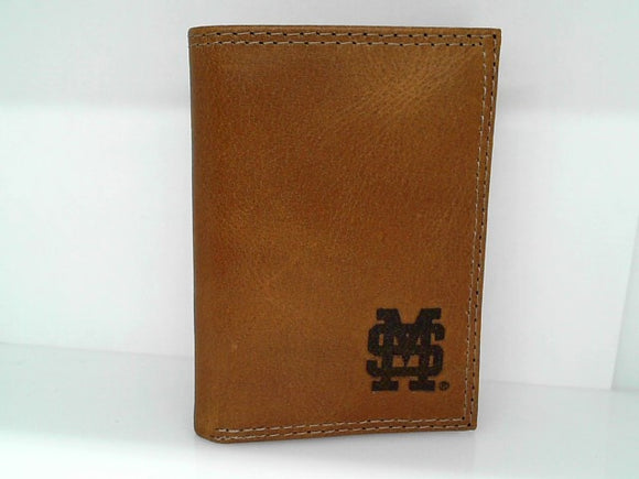 Tan Leather M over S Embossed Trifold Wallet