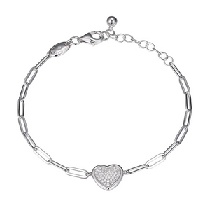 Sterling Silver Rhodium Plated Paperclip Heart Bracelet 7"