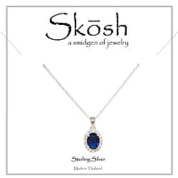 Skosh Silver Oval Imitation Sapphire w/ CZ Halo Necklace 16+2"