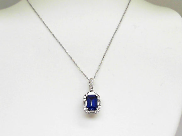 14K White Gold, Diamond and Blue Sapphire Pendant