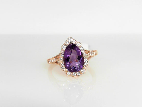 Rose Gold Pear Shaped Amethyst with a Diamond Halo