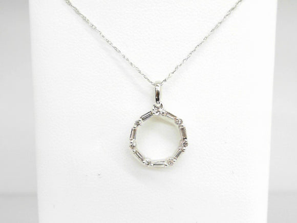 14K WG Round and Baguette Diamond Circle Necklace 18