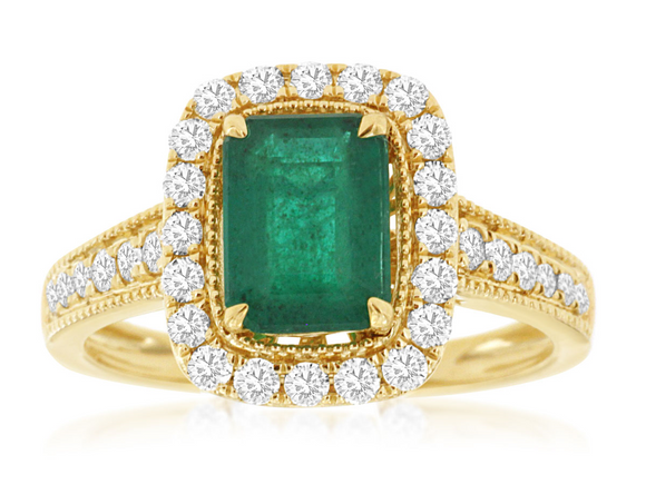14k Yellow Gold Emerald (1.60ct) and Diamond Halo Ring