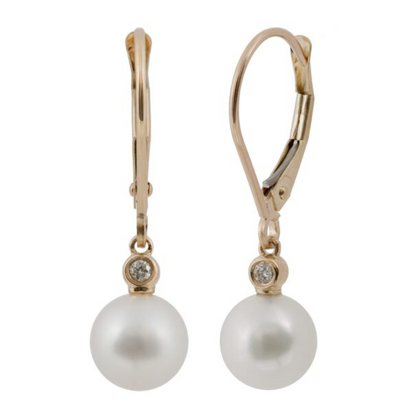 14k Yellow Gold 8-8.5mm Freshwater Pearl with 0.04ct Diamond Leverback Earrings