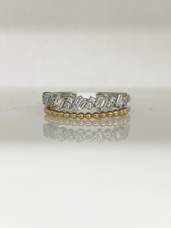 Two-Tone Beaded Diamond Baguette Stacked Band