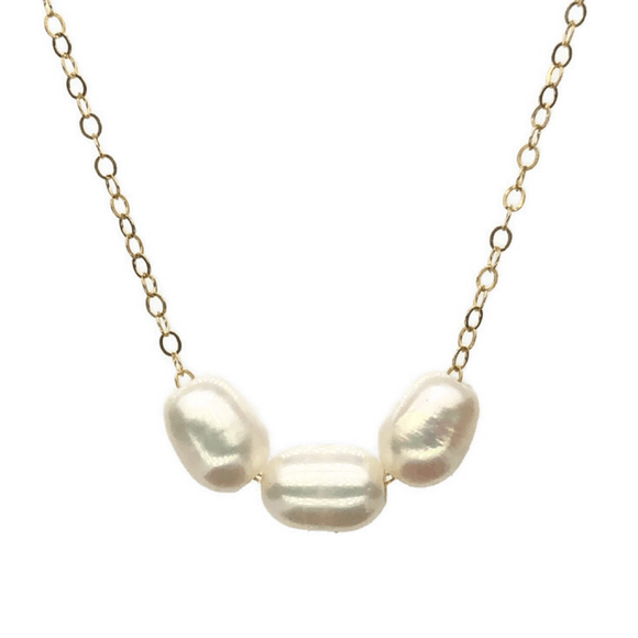 Earth Grace Sterling Gold Plated Trinity Pearl Slider Necklace 16+2