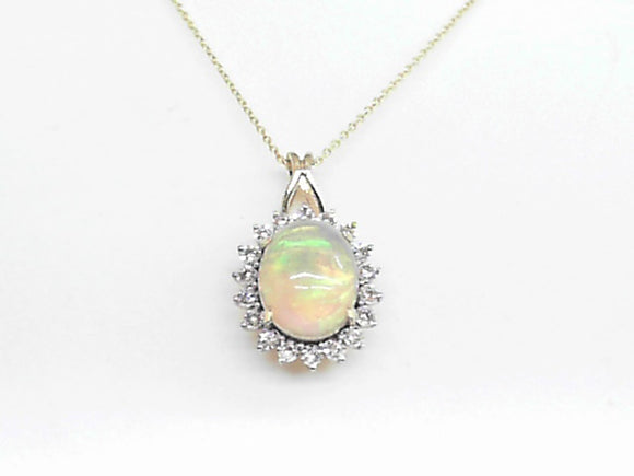 14k Yellow Gold Diamond and Opal Pendant with Chain