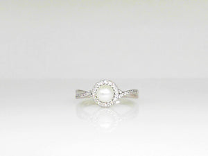 White Gold Pearl Ring with .12 CT Diamond Halo and Shank detail