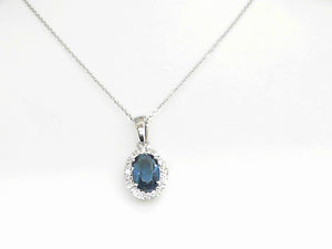 14k White Gold Diamond and Blue Topaz with Halo Pendant with Chain