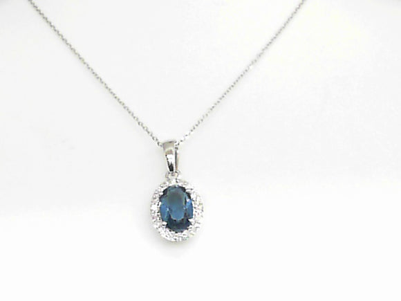 14k White Gold Diamond and Blue Topaz with Halo Pendant with Chain
