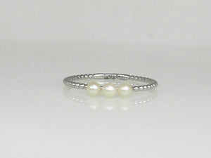White Gold Beaded Three Freshwater Pearl Ring