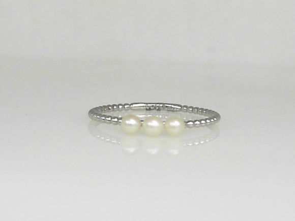 White Gold Beaded Three Freshwater Pearl Ring