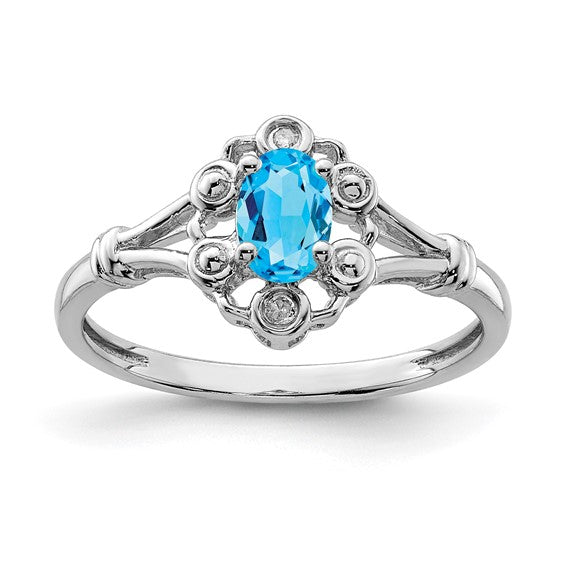 Sterling Silver Rhodium-plated Light Swiss Blue Topaz and Diamond Ring Size 6