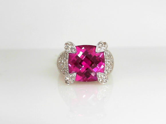 White Gold Created Pink Sapphire Ring with 1 Ct Diamonds