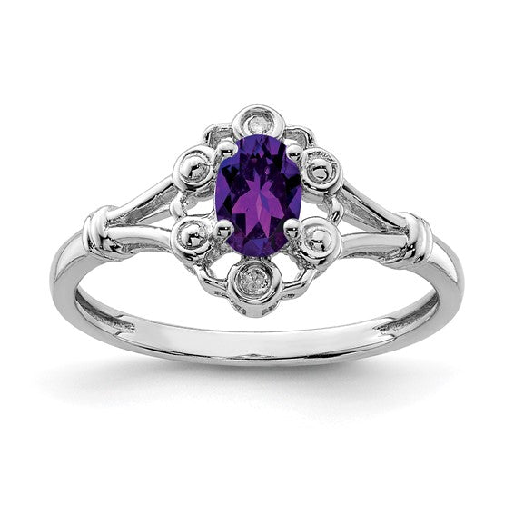Sterling Silver Rhodium-plated Amethyst and Diam. Ring Size 6