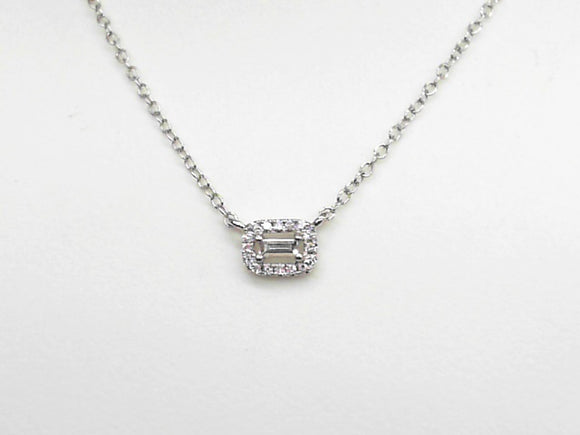 White Gold Baguette Solitaire Necklace with a Diamond Halo
