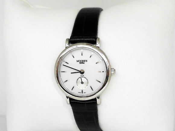 Ladies' Moore's Elite Watch with Black Leather Band and White Dial