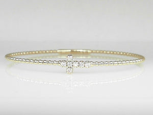 14k Yellow Gold Diamond Cross 0.17ct Beaded Flex Bangle Bracelet