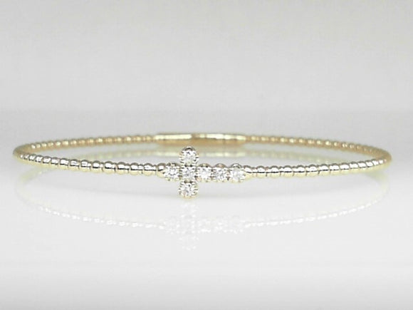 14k Yellow Gold Diamond Cross 0.17ct Beaded Flex Bangle Bracelet