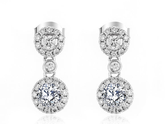 White Gold Diamond Drop Earrings with Halo