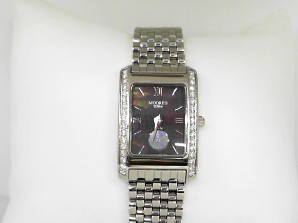 Ladies' Moore's Elite Rectangle White Watch with Diamonds and Black Mother of Pearl Dial