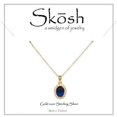 Skosh Gold Plated Silver Immitation Sapphire w/ CZ Halo Necklace 16+2