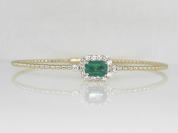 Yellow Gold Beaded Flex Bangle with Emerald and Diamond