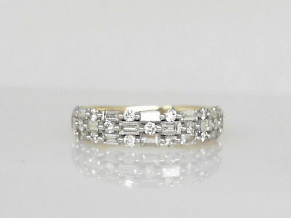 Yellow Gold Round and Baguette Diamond 3-Row Band