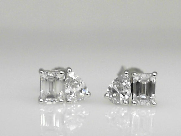 White Gold Toi et Moi Style Lab Grown Diamond Studs with Pear and Emerald Shape