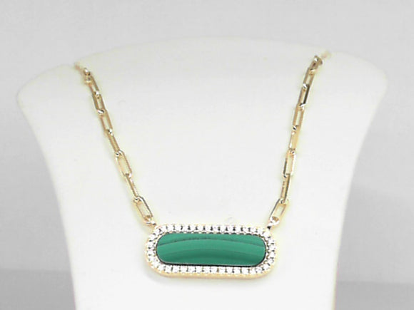 Charles Garnie Paperclip Malachite Pendant Necklace With CZs