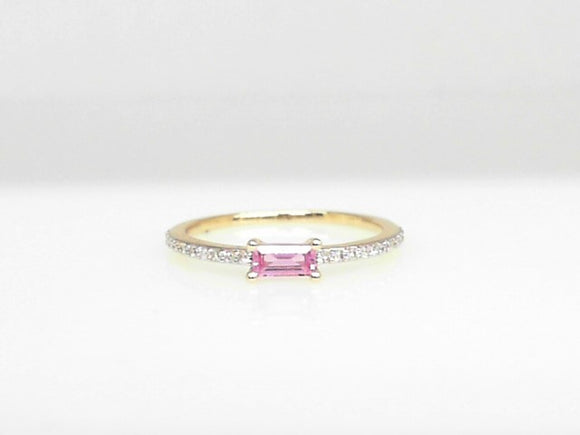 14k Yellow Gold Pink Tourmaline and Diamond Birthstone Stackable Band