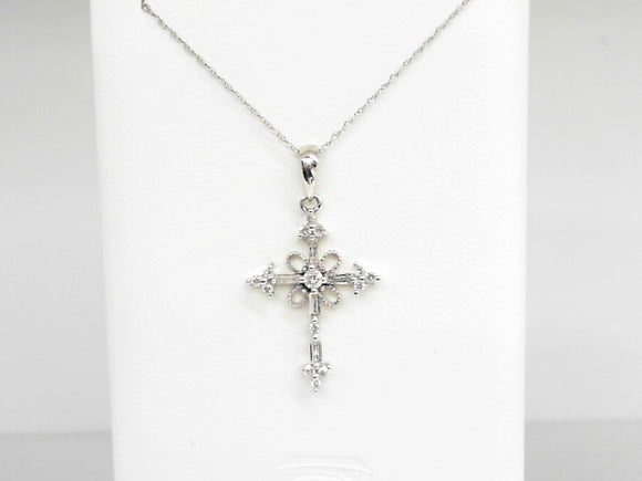 White Gold Baguette and Round Diamond Cross Necklace