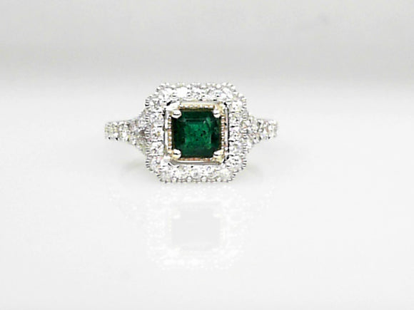 14K Two-Tone Emerald and Diamond Square Cut with Floral Style Halo