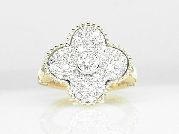 14k Yellow Gold Diamond Clover Ring with Rope Band