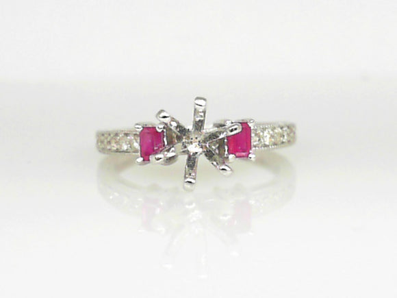 14K WG Semi Mounting For Round w/ .26 CT Ruby & .11 CT Diamond Accents