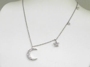 White Gold Diamond Moon and Star Necklace