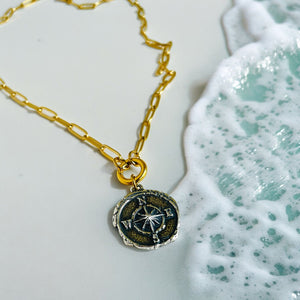 Earth Grace Gold Tone/Bronze Compass Necklace "Guided by the Stars"