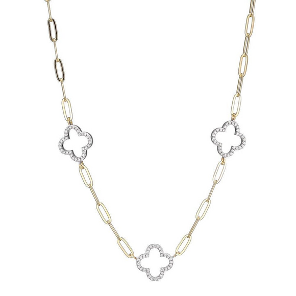 Charles Garnier Gold Plated CZ Clover Station Paperclip Necklace