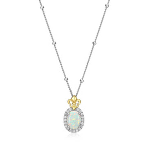 Charles Garnier Sterling Silver Oval Opal Necklace with Gold Plated Fleur de Lis Detail