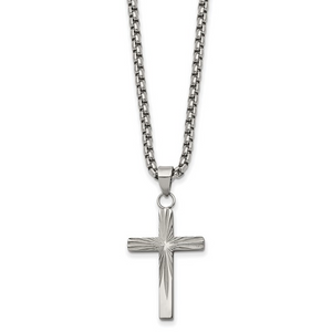 Stainless Steel Polsihed Cross Sunburst Pendant and Chain Set 24"